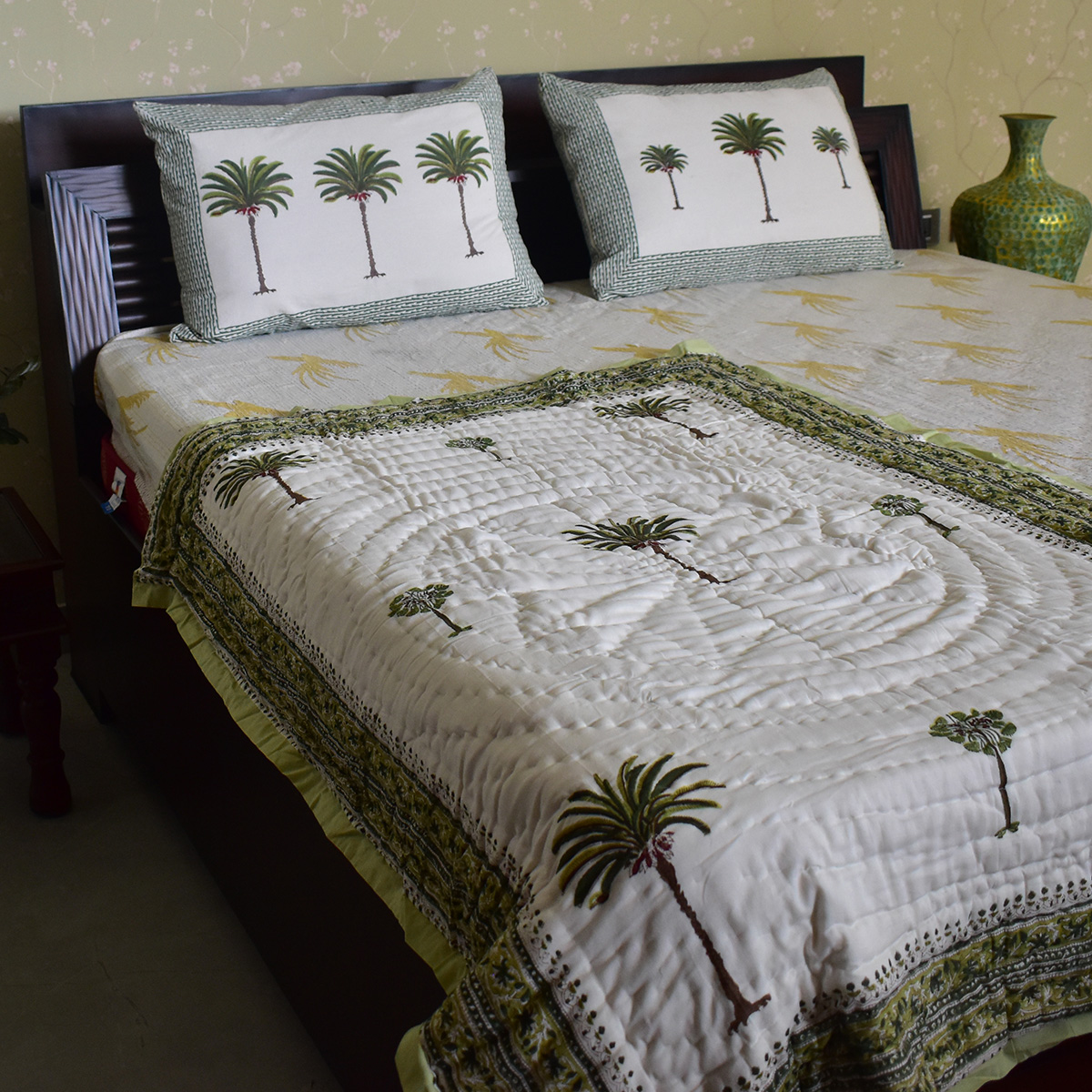 Hand Block Printed Baby Quilt Jaipur Razai Palm Tree Green Open 109024