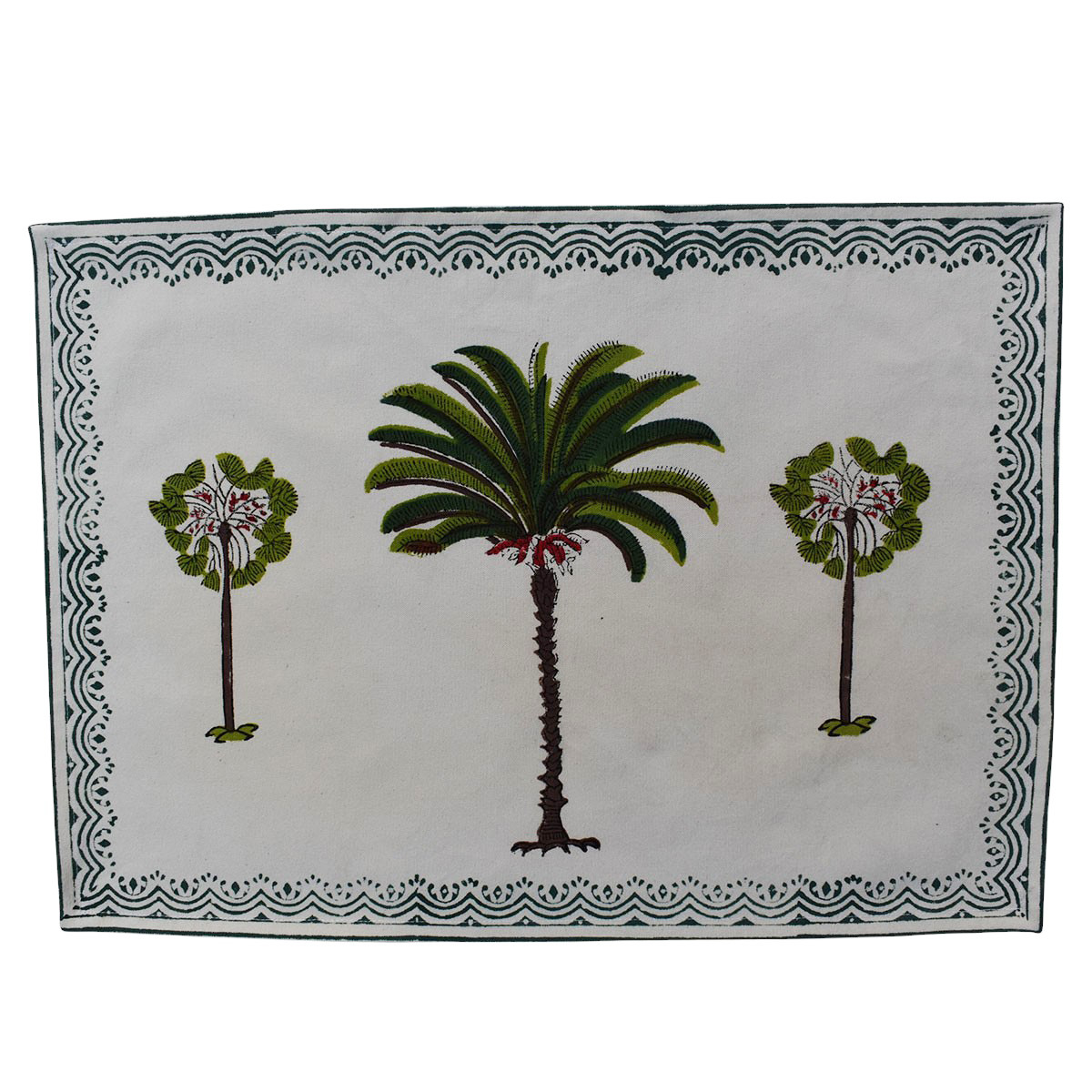 Hand Block Printed Cotton Canvas Tablemat 32x48 Set of 2 Tablemats Palm Tree Green 109024