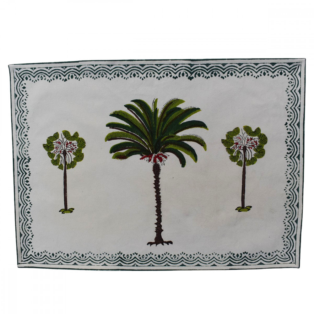 Image of Hand Block Printed Cotton Canvas Tablemat 32x48 (Set of 2 Tablemats) | Palm Tree Green 109024