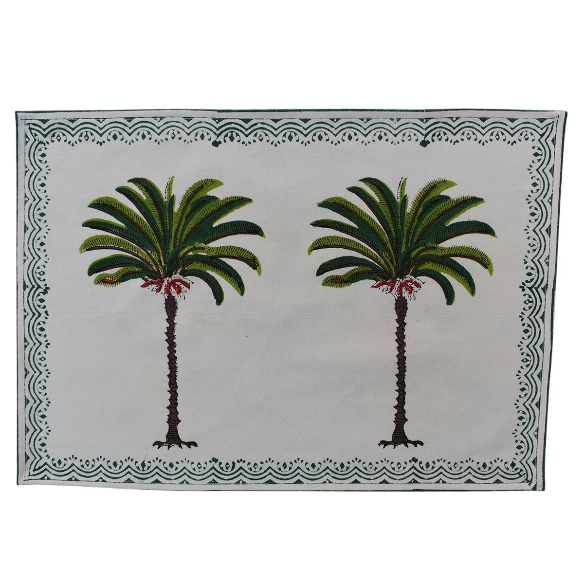 Hand Block Printed Cotton Canvas Table Mat 32x48 cms Set of 2 Table mats  Palm Tree Green 109024