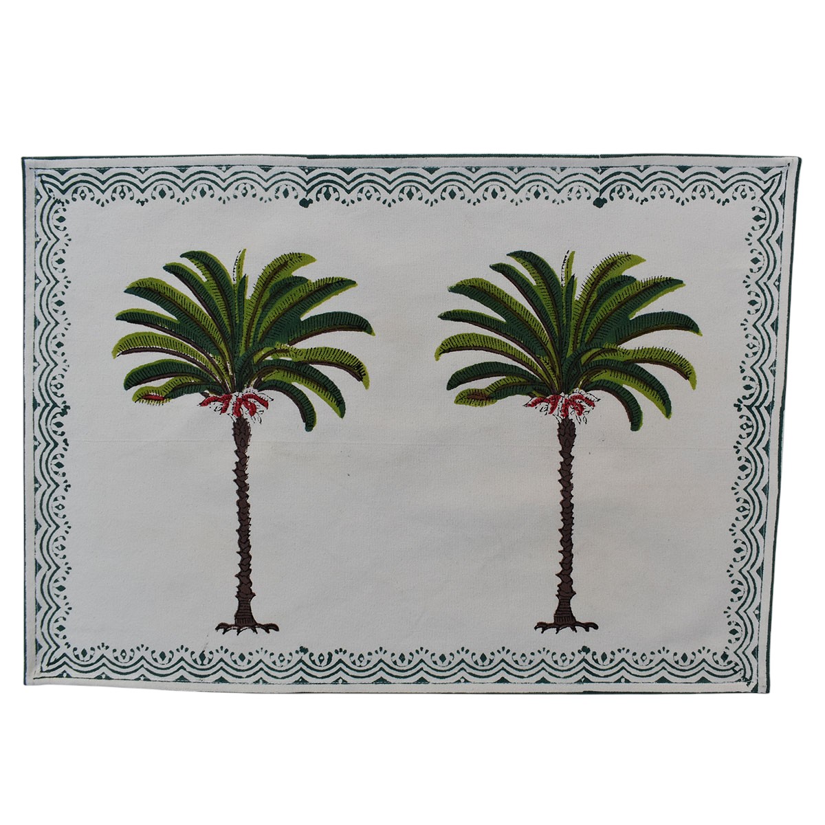 Hand Block Printed Cotton Canvas Table Mat 32x48 cms Set of 2 Table mats Palm Tree Green 109024