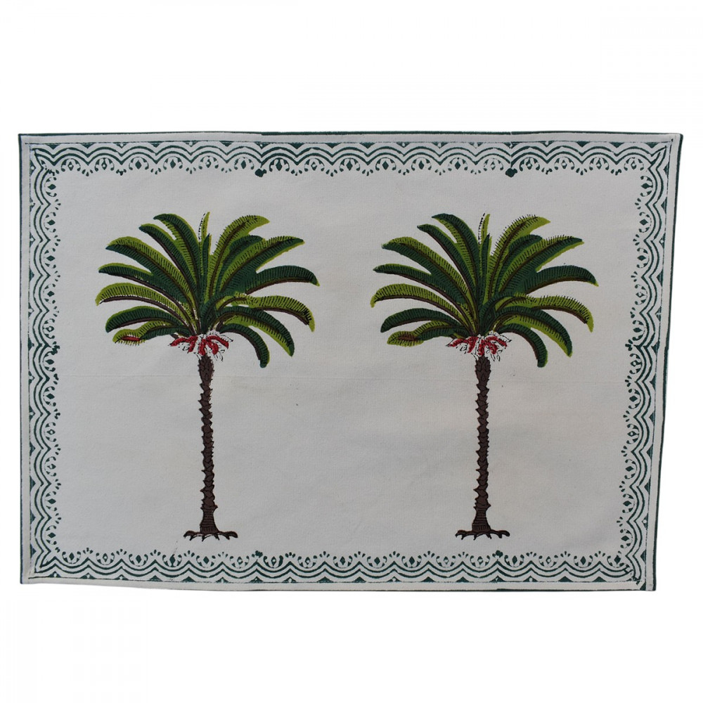 Image of Hand Block Printed Cotton Canvas Table Mat 32x48 cms (Set of 2 Table mats) | Palm Tree Green 109024