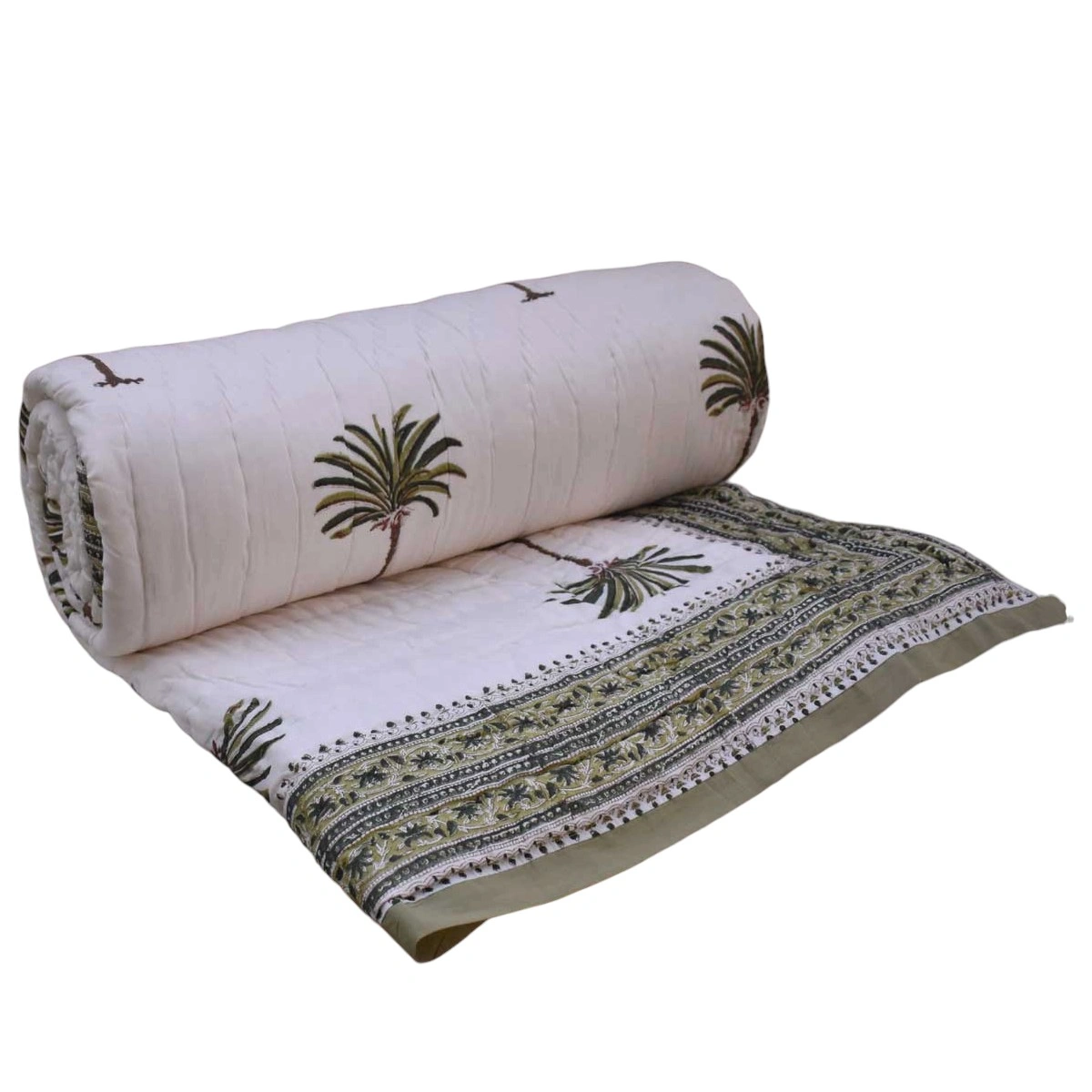 Hand Block Printed Cotton King Size Quilt  Palm Tree Green Open 191027