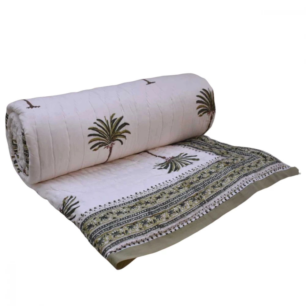 Image of Hand Block Printed Cotton King Size Quilt | Palm Tree Green Open 191027