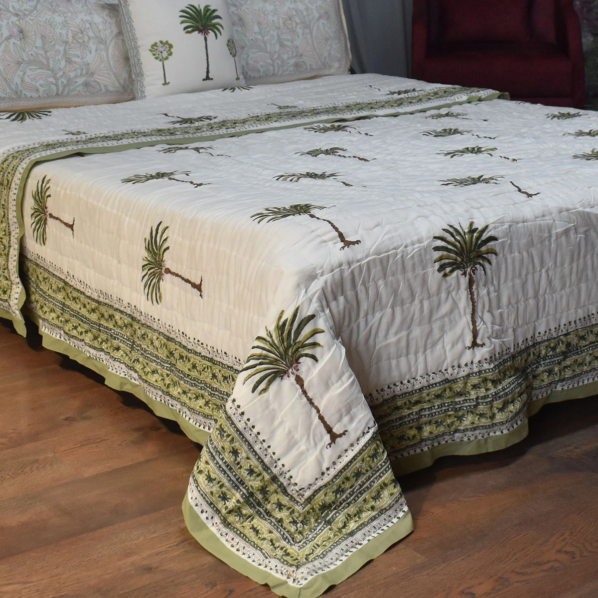 Hand Block Printed Cotton King Size Quilt Palm Tree Green Open 191027