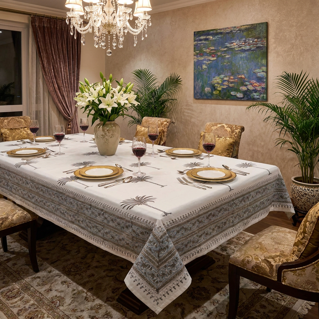 Tablecloth 12 seater in Cotton Hand Block Printed Cotton Tablecloth 180x340 cms Palm Tree Grey 105175