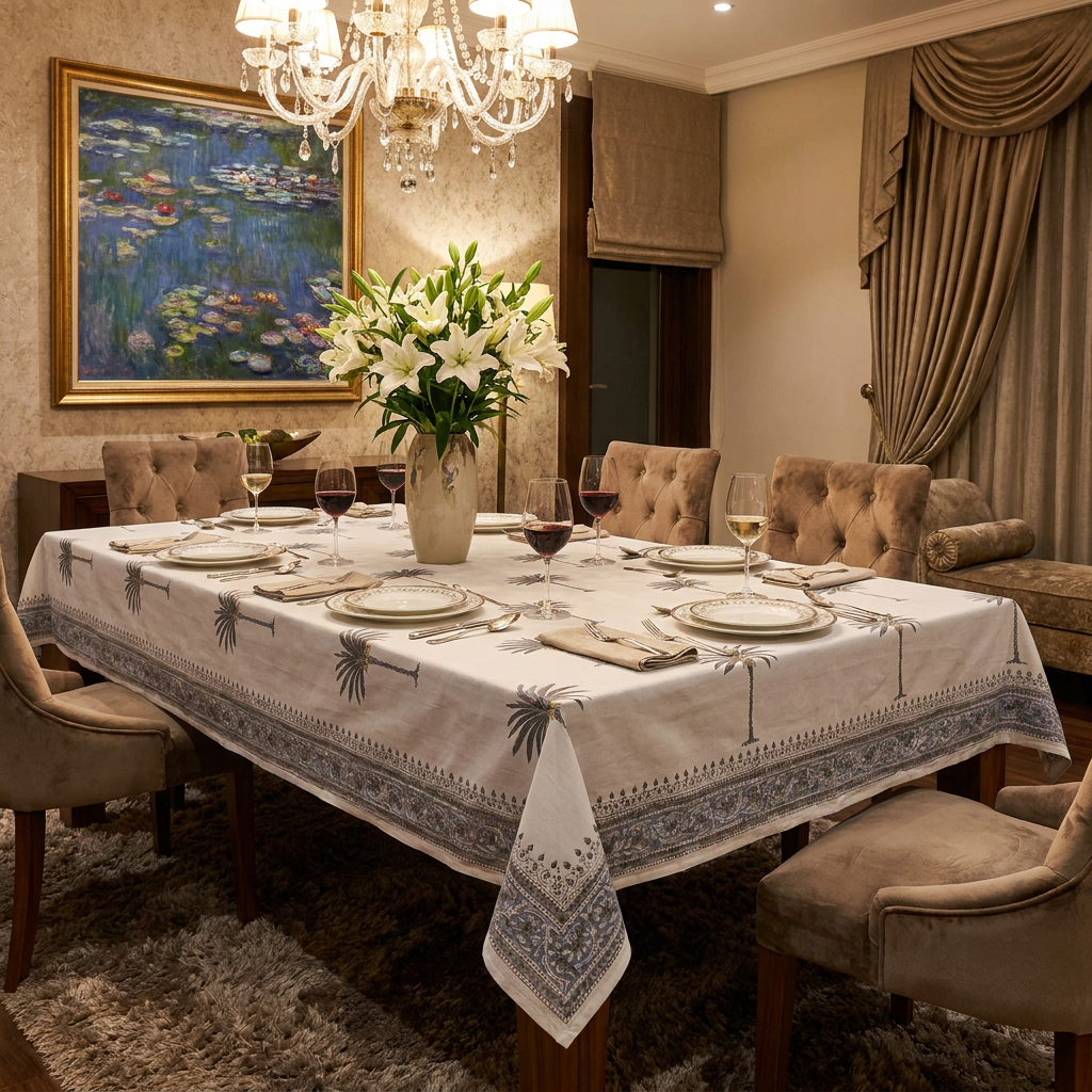 Square Tablecloth in Cotton Hand Block Printed Cotton Tablecloth 150x150 cms Palm Tree Grey 105175