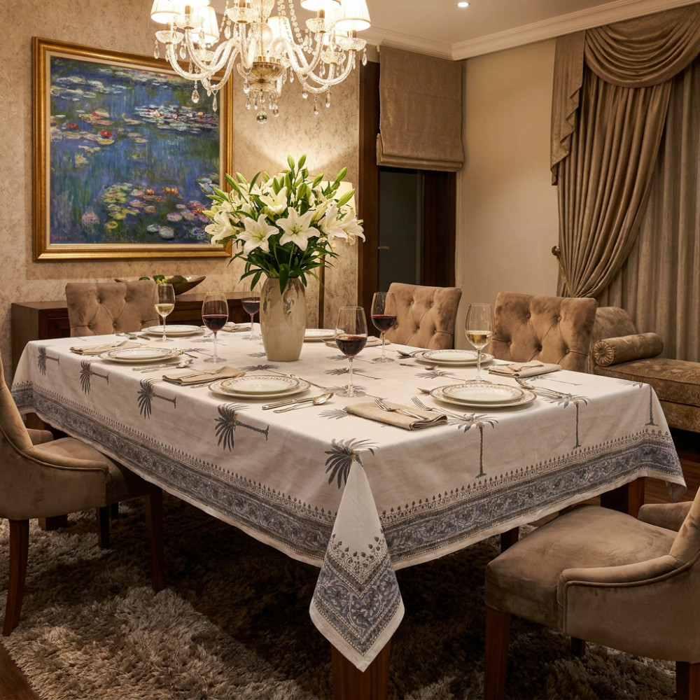 Image of Square Tablecloth in Cotton Hand Block Printed Cotton Tablecloth 150x150 cms | Palm Tree Grey 105175
