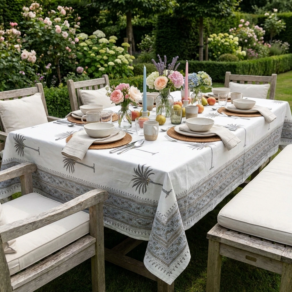 Hand Block Printed Cotton Tablecloth 150x220 cms  Palm Tree Grey 105175