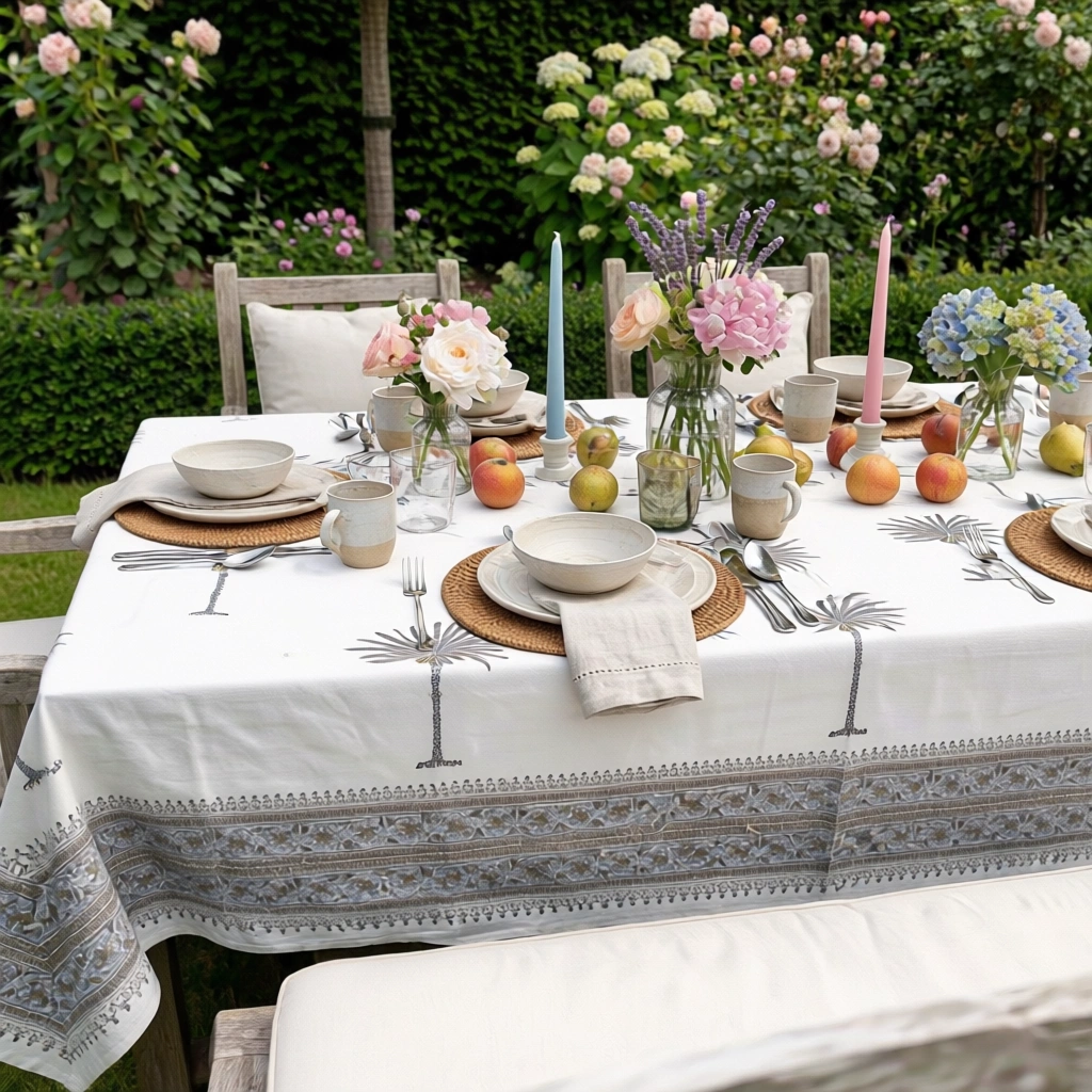 Hand Block Printed Cotton Tablecloth 150x220 cms  Palm Tree Grey 105175