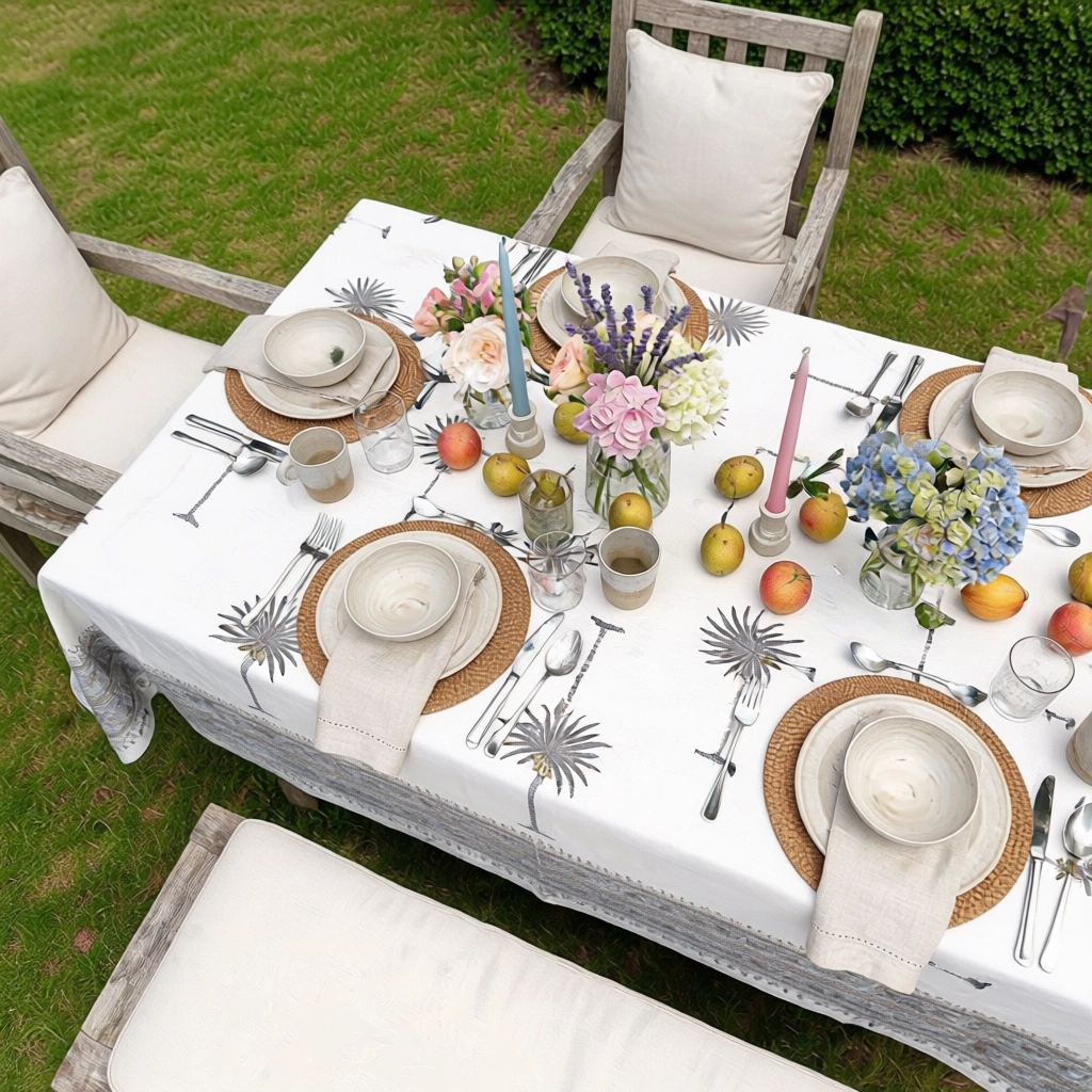 Tablecloth 12 seater in Cotton Hand Block Printed Cotton Tablecloth 180x340 cms  Palm Tree Grey 105175
