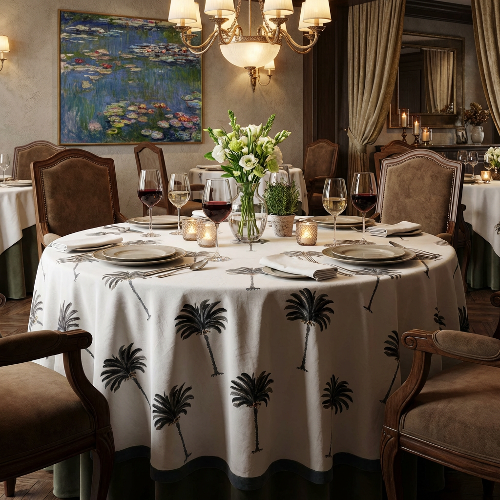 Hand Block Printed Cotton Round Tablecloth 220 cms Palm Tree Grey 105193