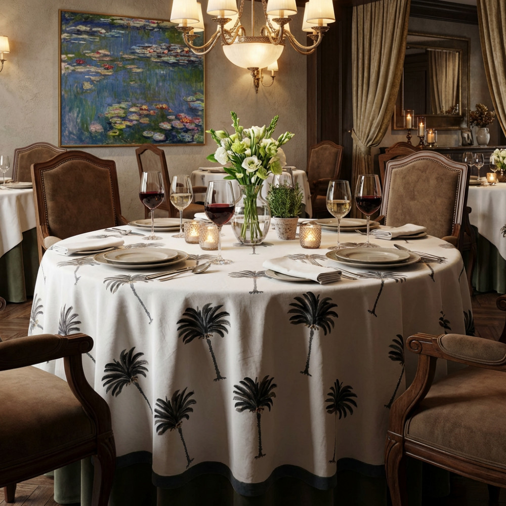 Image of Hand Block Printed Cotton Round Tablecloth 150 cms | Palm Tree Grey 105193