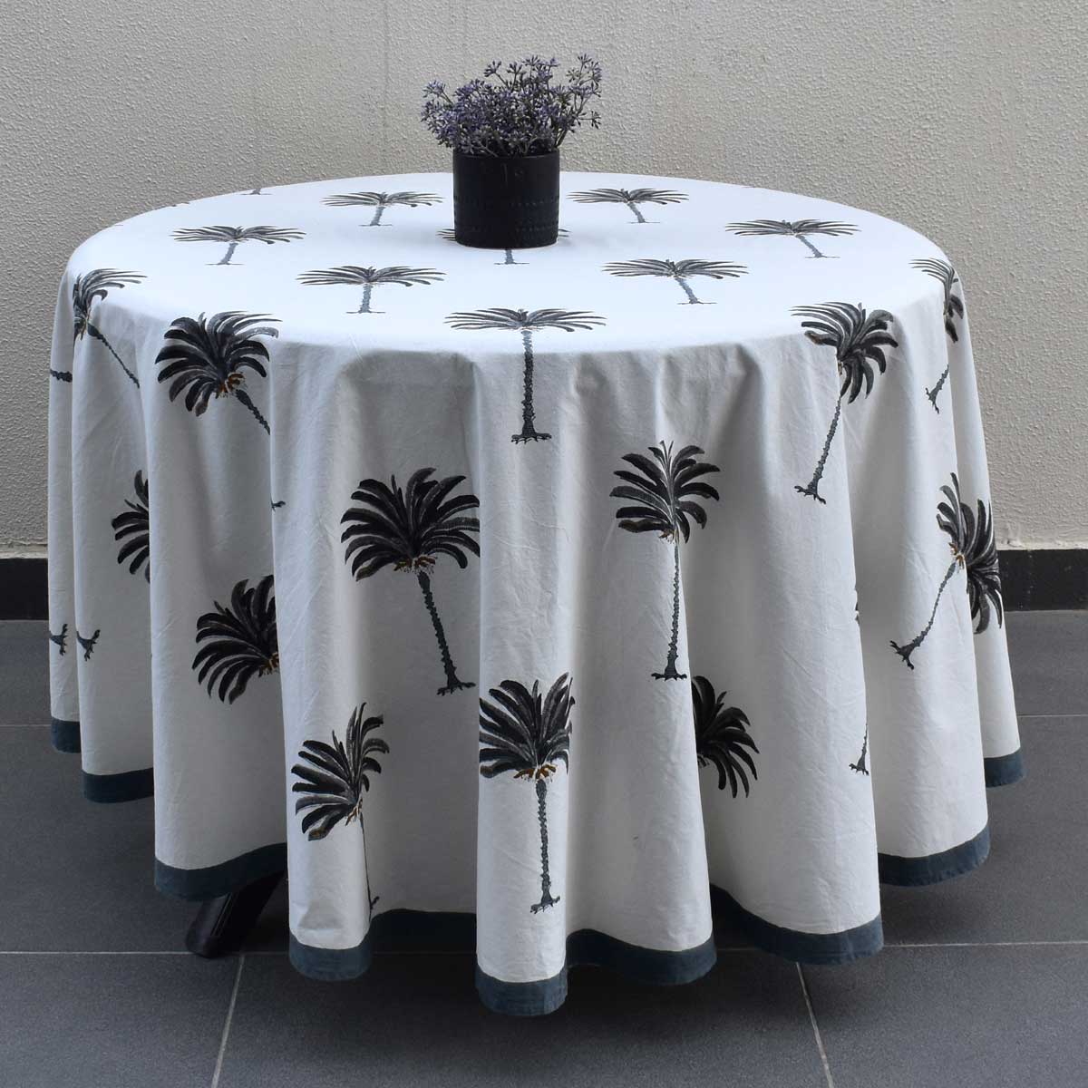 Hand Block Printed Cotton Round Tablecloth 150 cms Palm Tree Grey 105193