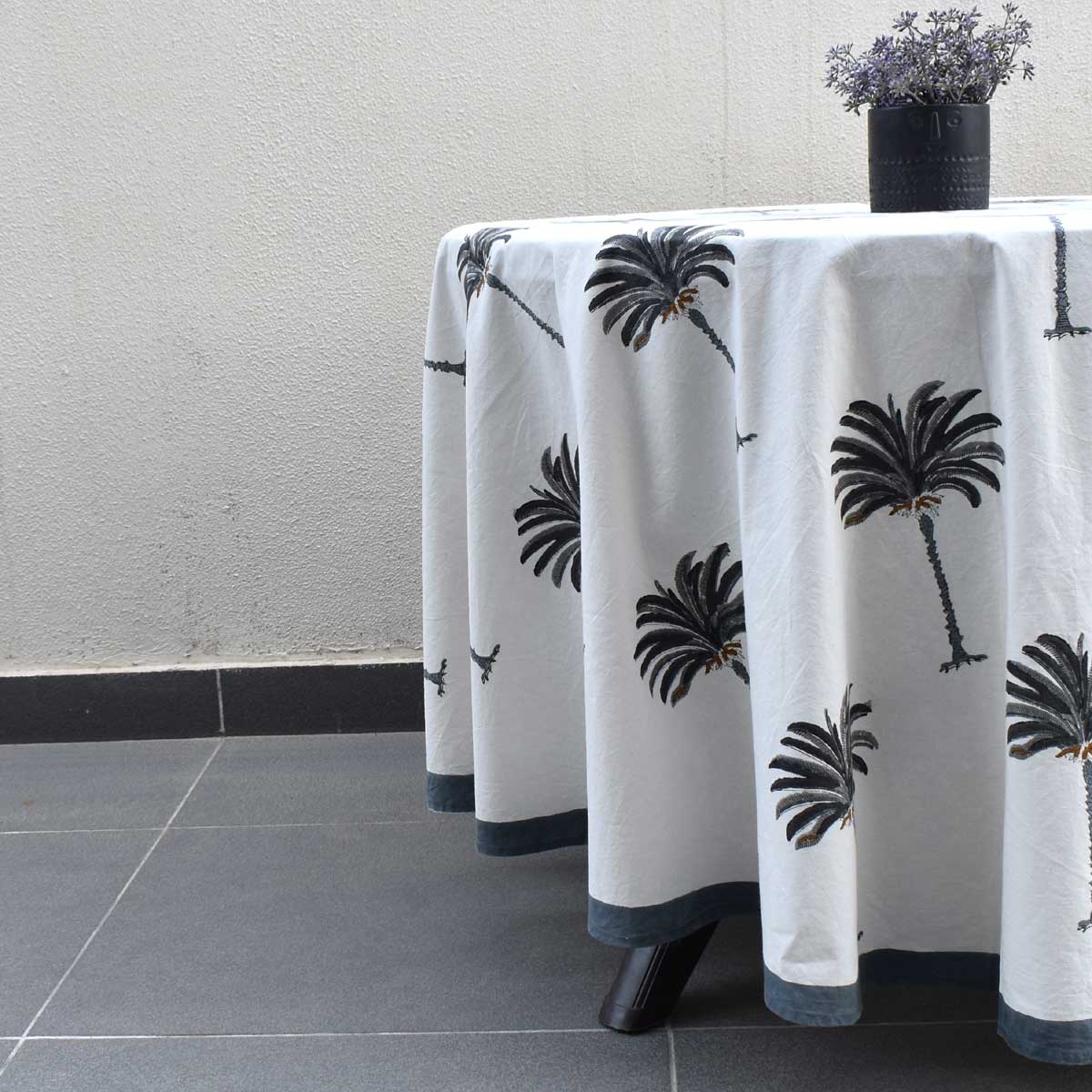 Hand Block Printed Cotton Round Tablecloth 220 cms Palm Tree Grey 105193