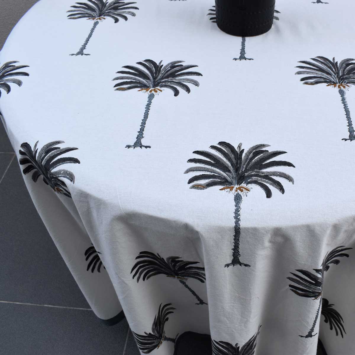Hand Block Printed Cotton Round Tablecloth 220 cms Palm Tree Grey 105193