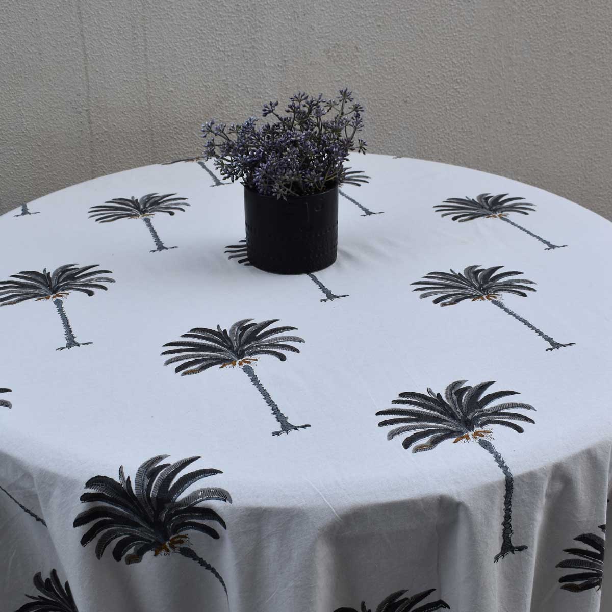 Hand Block Printed Cotton Round Tablecloth 220 cms Palm Tree Grey 105193