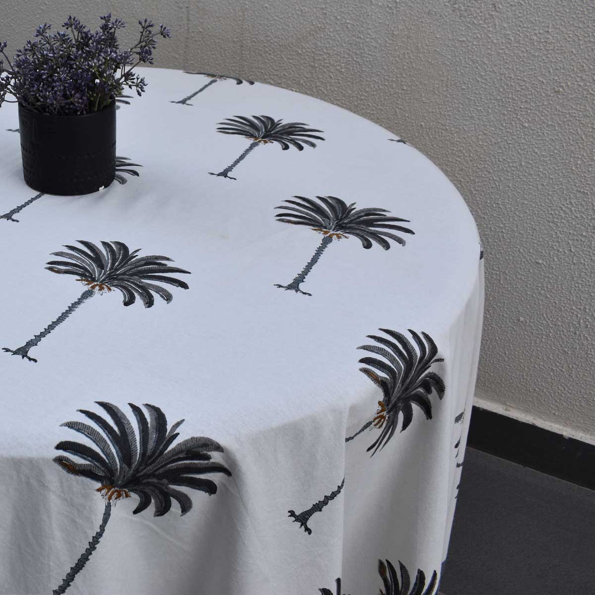Hand Block Printed Cotton Round Tablecloth 150 cms Palm Tree Grey 105193