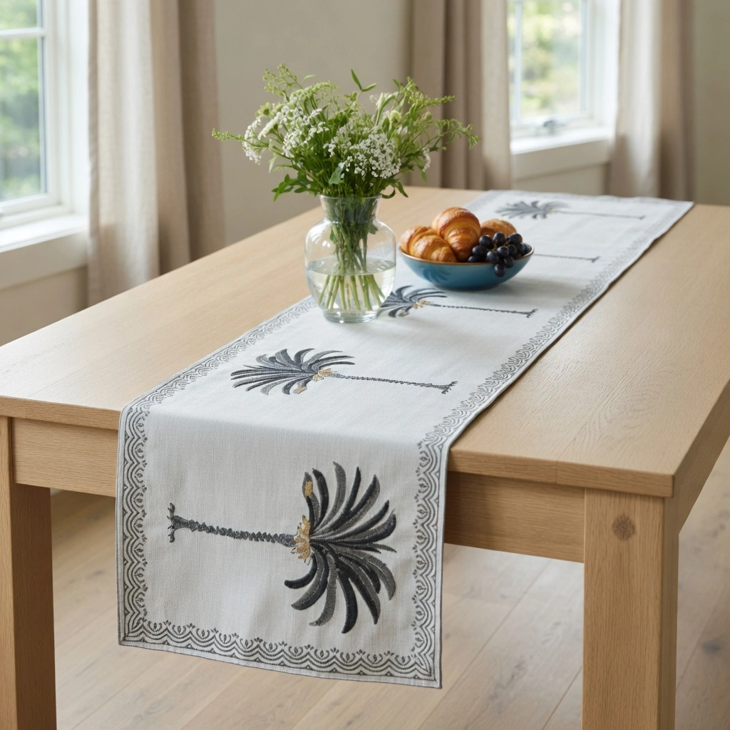 Hand Block Printed Cotton Canvas Table Runner 33x120 cms Palm Tree Grey 201748