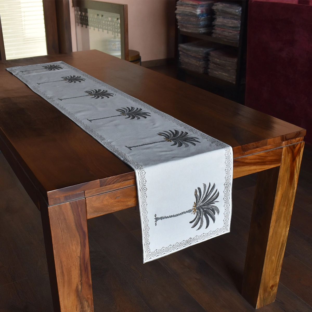 Hand Block Printed Cotton Canvas Table Runner 33x170 cms Palm Tree Grey 201752