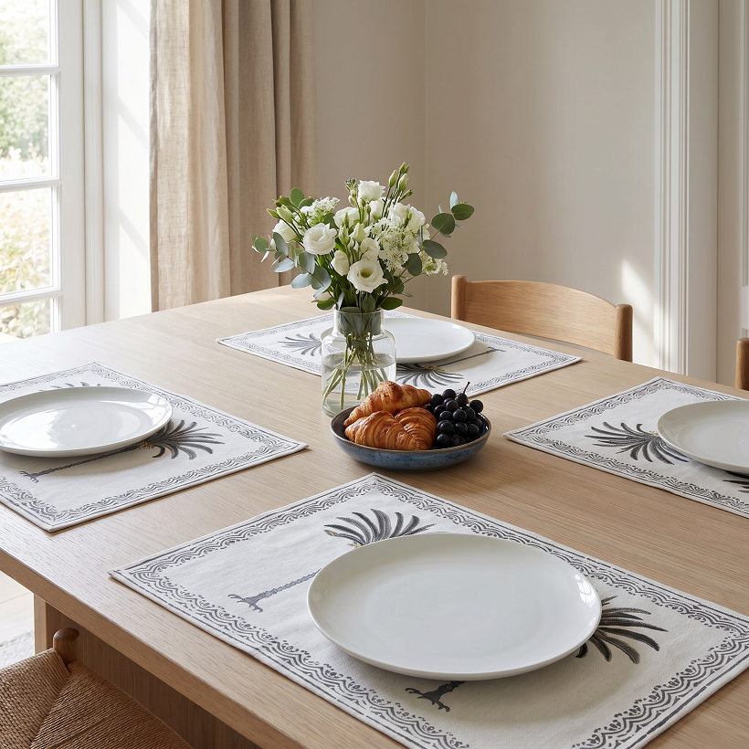 Hand Block Printed Cotton Canvas Table Mat 32x48 cms Set of 2 Table mats Palm Tree Grey 201754