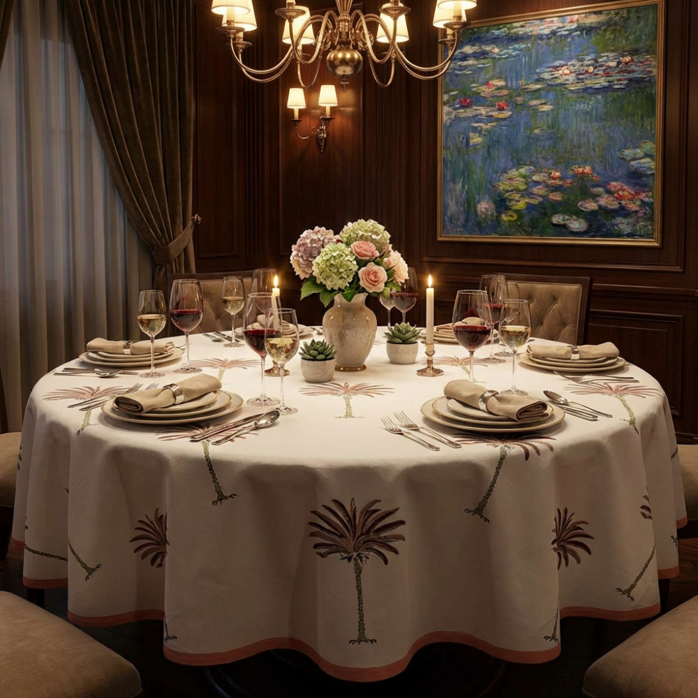 Image of Hand Block Printed Cotton Round Tablecloth 180 cms | Palm Tree Pink 200516