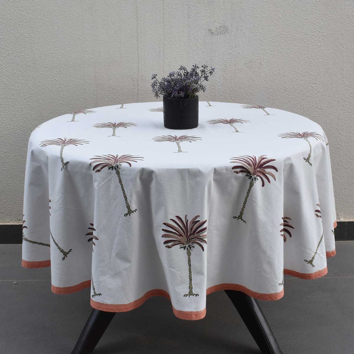 Hand Block Printed Cotton Round Tablecloth 180 cms Palm Tree Pink 200516