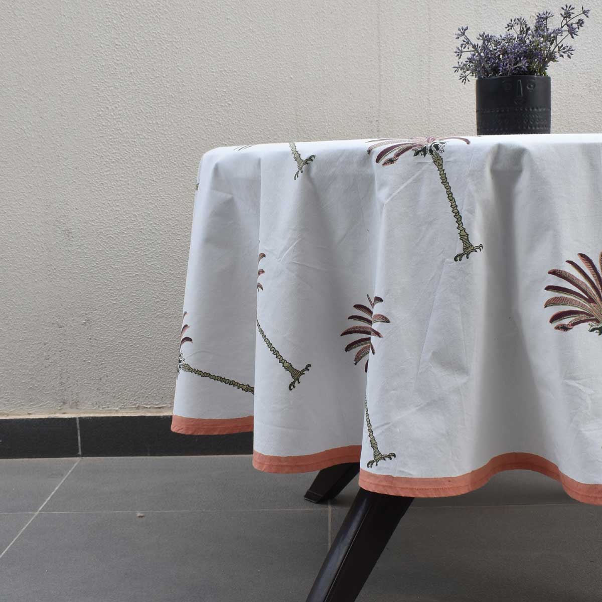 Hand Block Printed Cotton Round Tablecloth 180 cms Palm Tree Pink 200516
