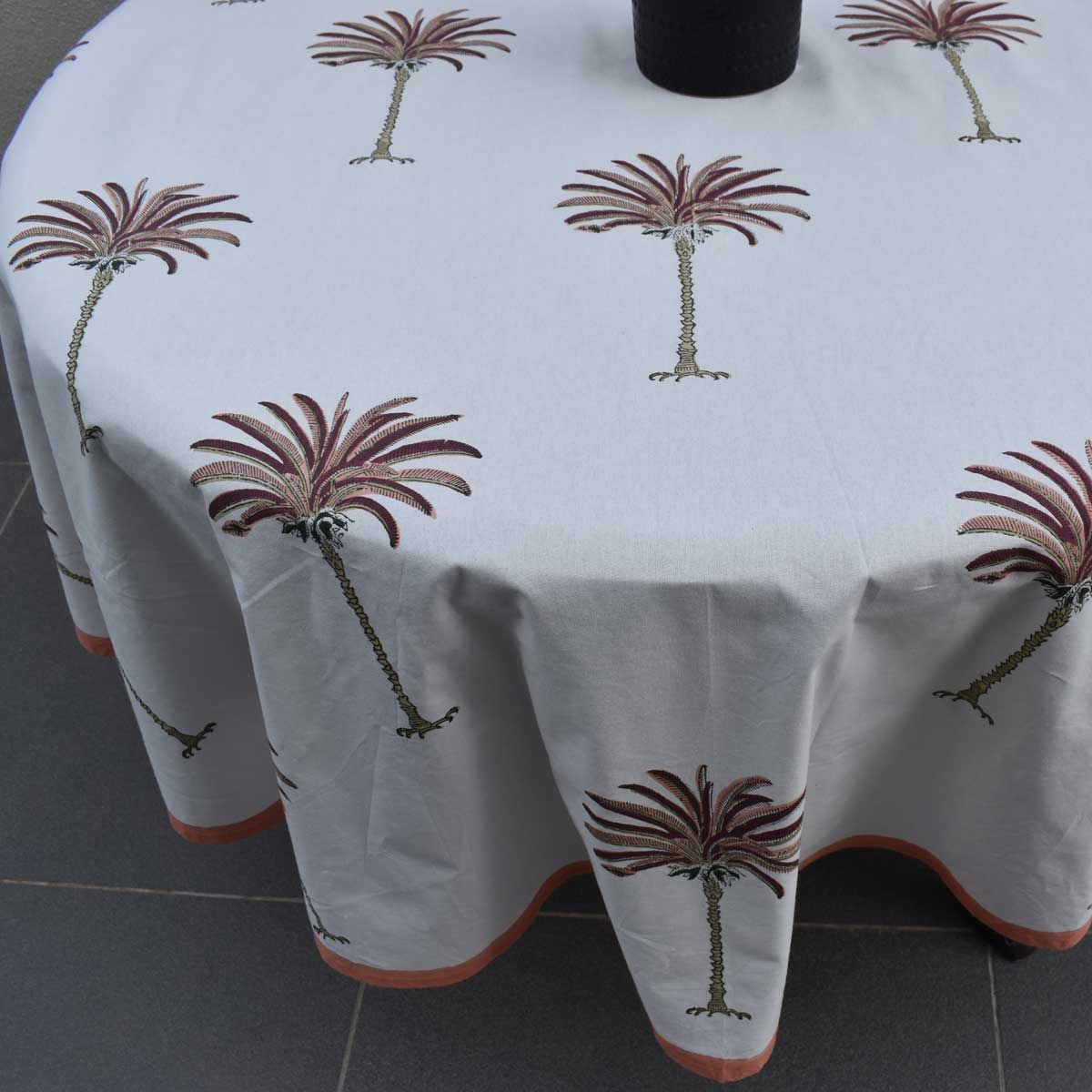 Hand Block Printed Cotton Round Tablecloth 180 cms Palm Tree Pink 200516