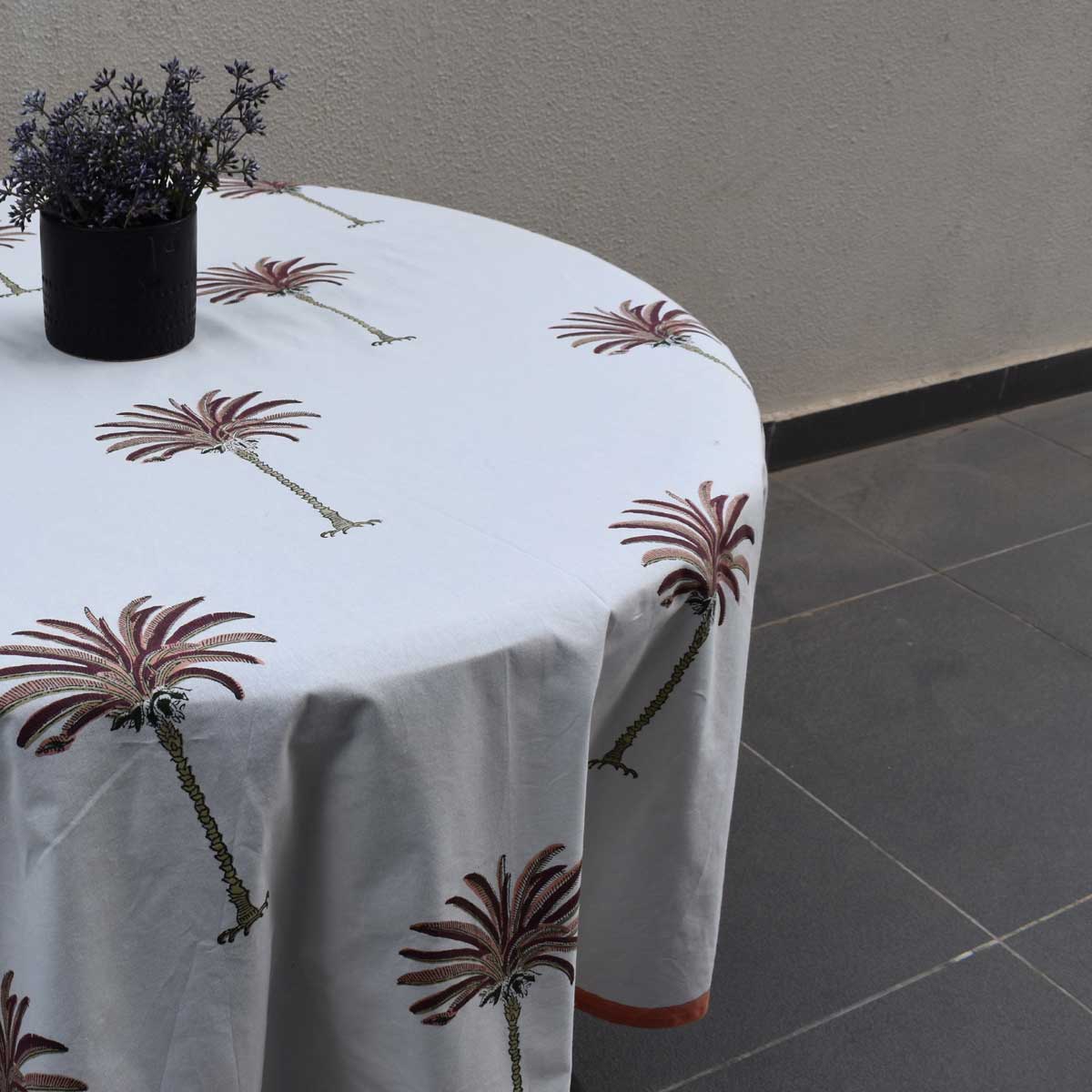 Hand Block Printed Cotton Round Tablecloth 180 cms Palm Tree Pink 200516