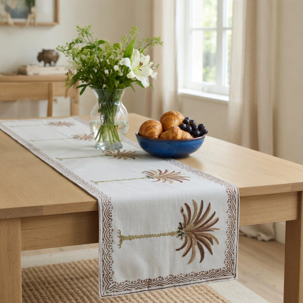 Hand Block Printed Cotton Canvas Table Runner 33x170 cms Palm Tree Pink 202035