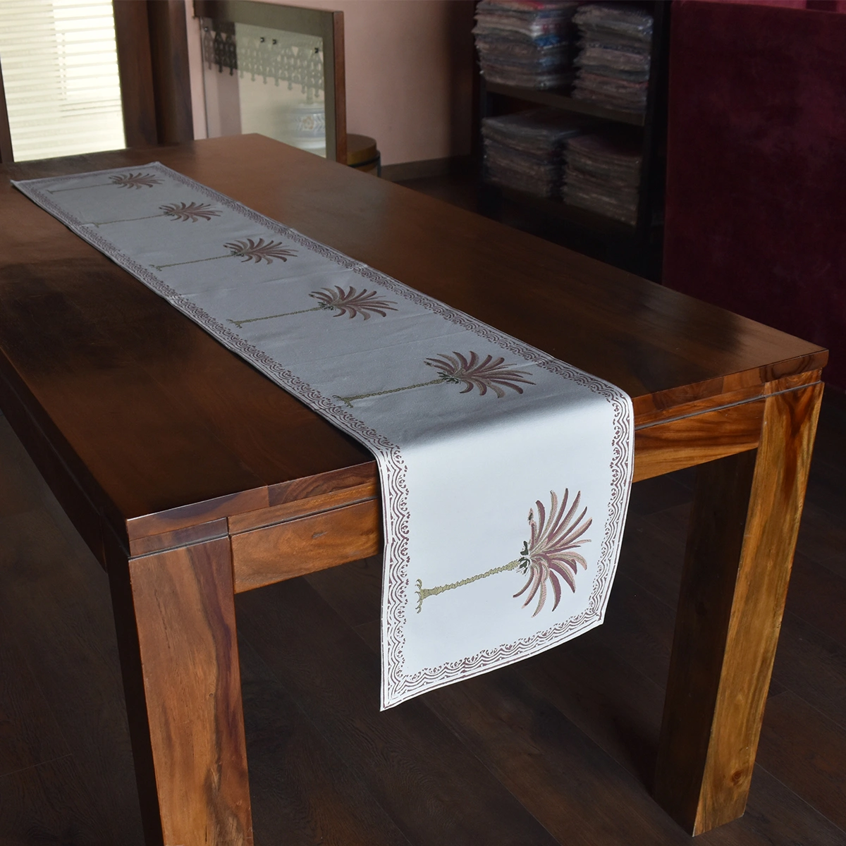 Hand Block Printed Cotton Canvas Table Runner 33x170 cms Palm Tree Pink 202035