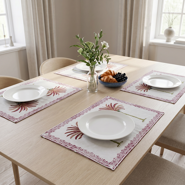 Hand Block Printed Canvas Table Mat 32x48 cms Set of 2 Table mats Palm Tree Pink 202080