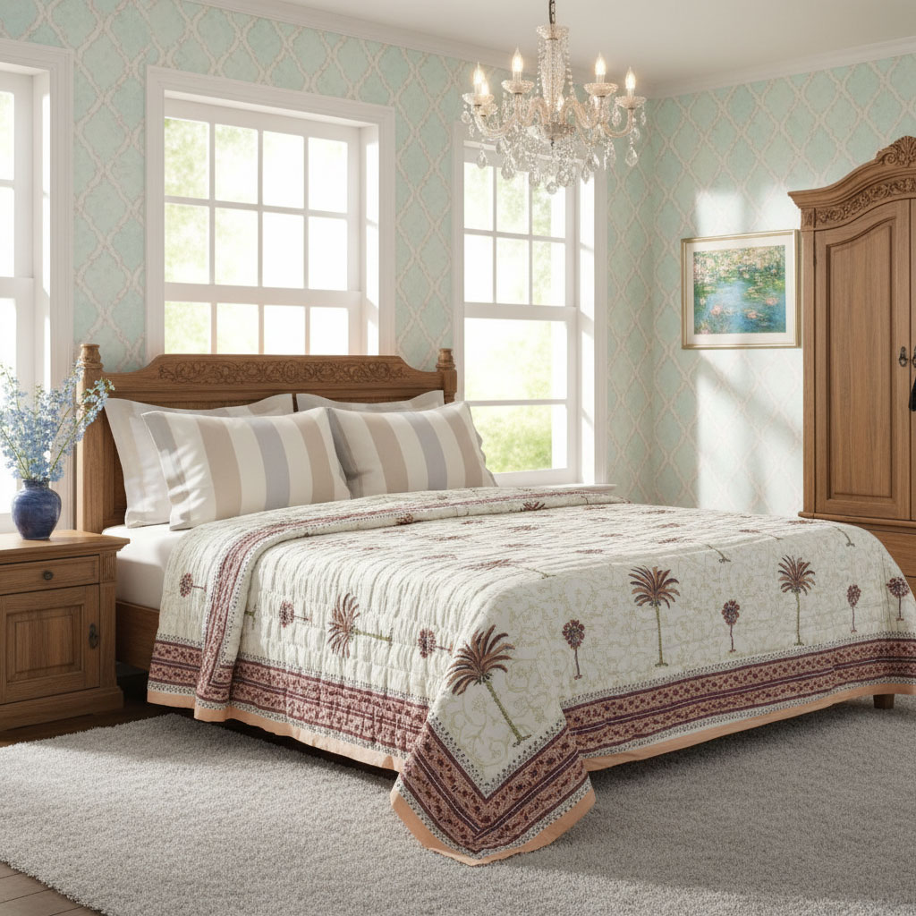 Hand Block Printed Cotton King Size Quilt  Palm Tree Pink 203589