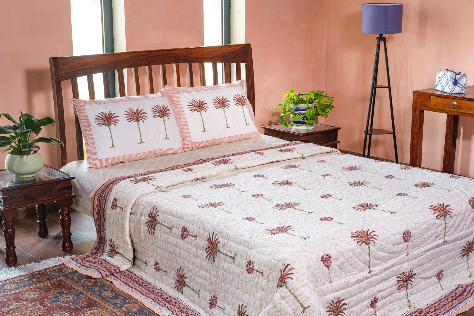 Hand Block Printed Cotton King Size Quilt Palm Tree Pink 203589