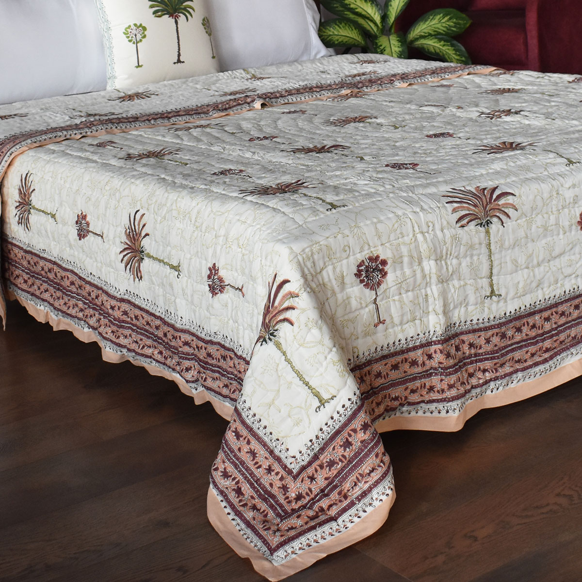 Hand Block Printed Cotton King Size Quilt  Palm Tree Pink 203589