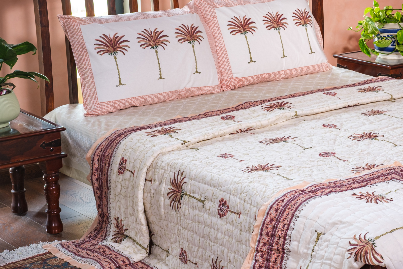 Hand Block Printed Cotton King Size Quilt Palm Tree Pink 203589