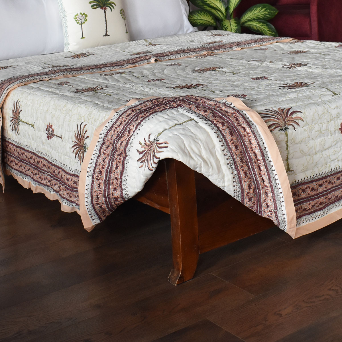 Hand Block Printed Cotton King Size Quilt Palm Tree Pink 203589