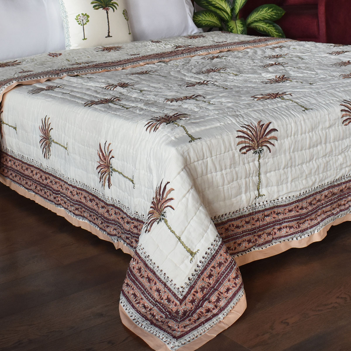 Hand Block Printed Cotton King Size Quilt Palm Tree Pink 203589