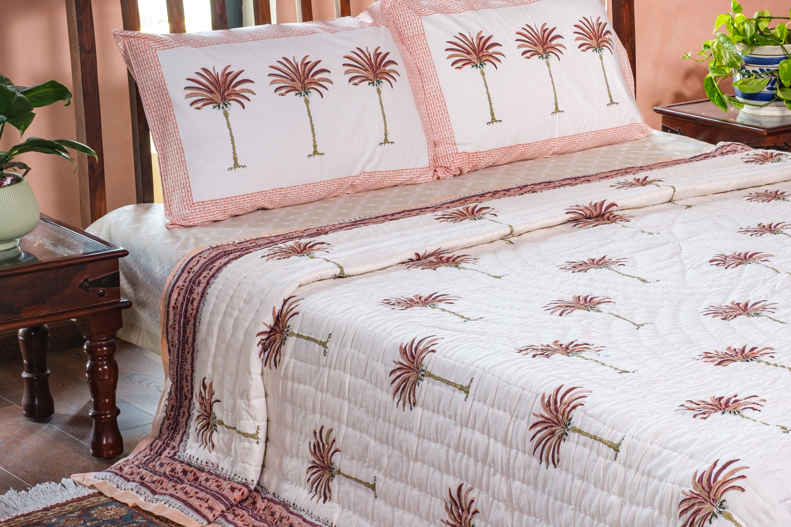 Hand Block Printed Cotton King Size Quilt Palm Tree Pink 203589