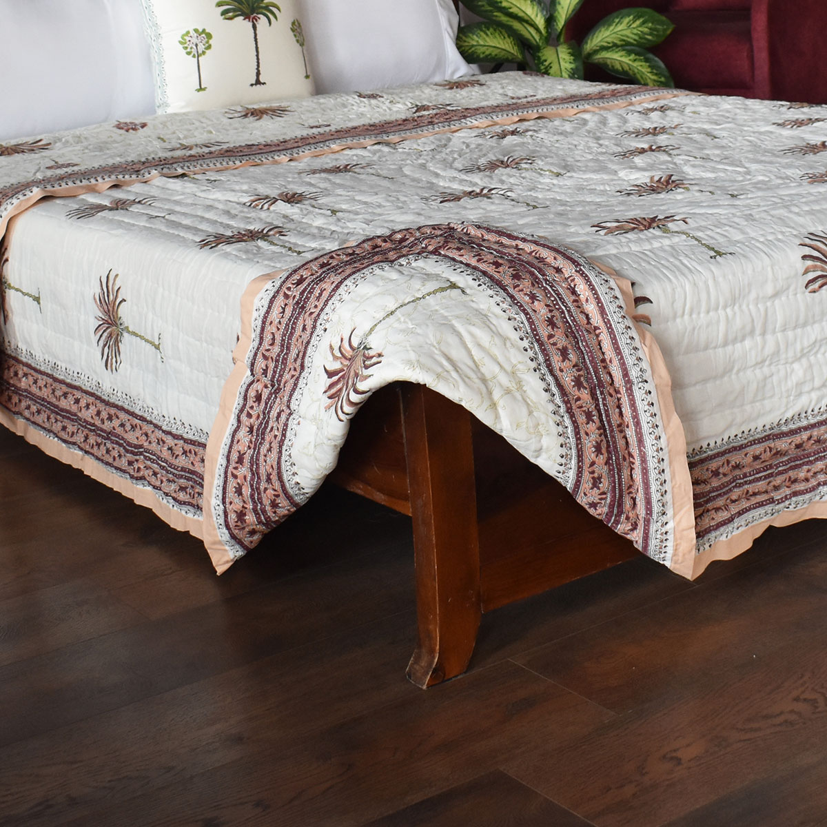 Hand Block Printed Cotton King Size Quilt Palm Tree Pink 203589