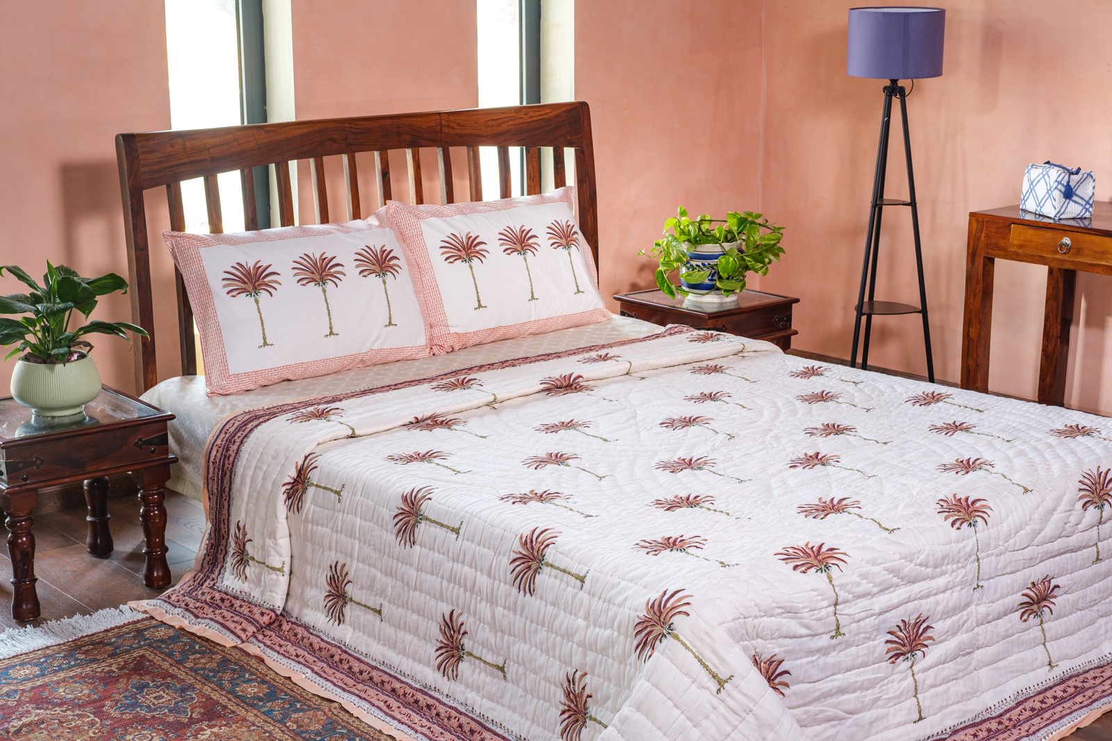 Hand Block Printed Cotton King Size Quilt Palm Tree Pink 203589