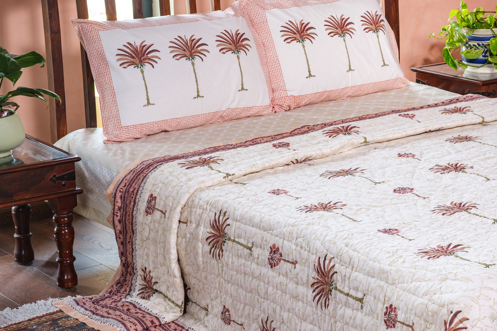 Hand Block Printed Cotton King Size Quilt Palm Tree Pink 203589