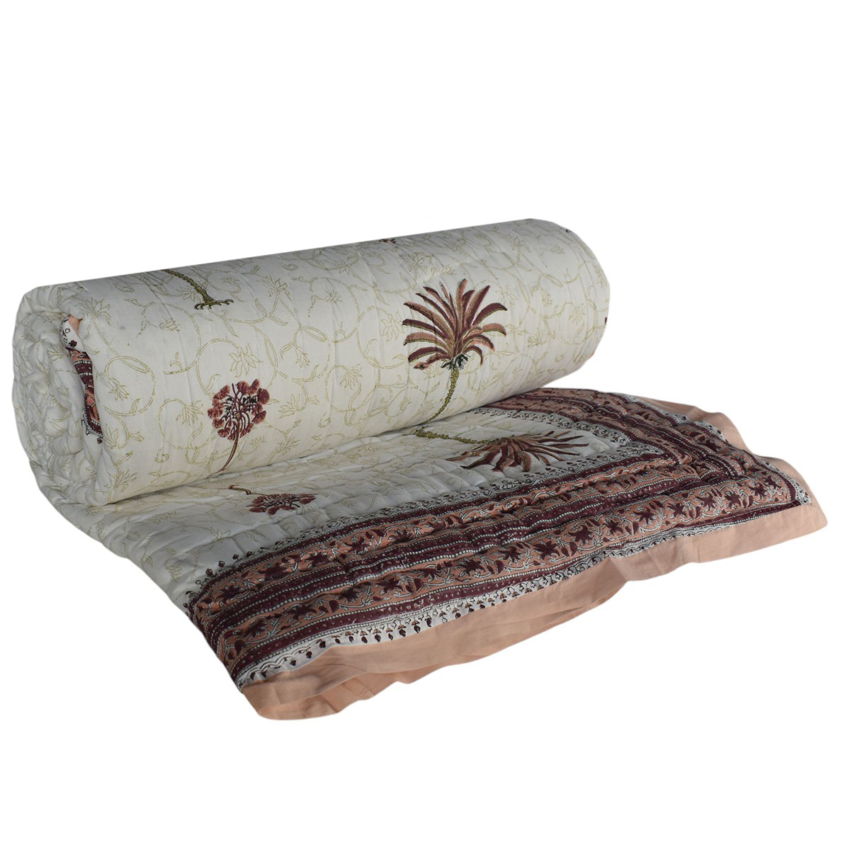 Hand Block Printed Cotton King Size Quilt  Palm Tree Pink 203589