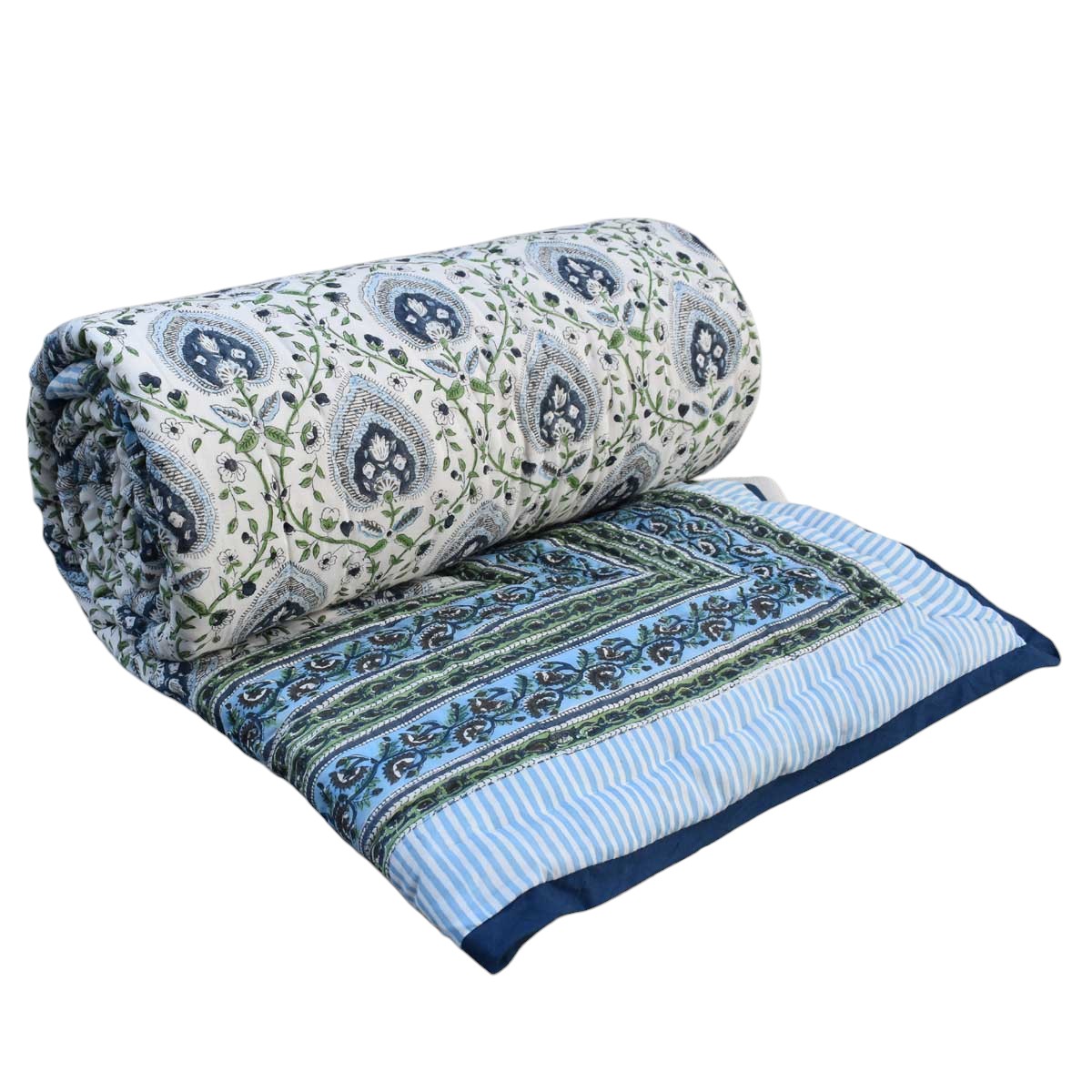 Handmade Block Printed Cotton Queen Quilt Pan Leaf Blue 309622