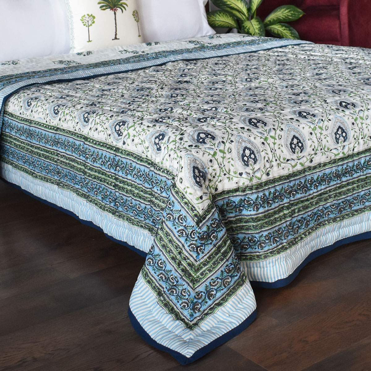 Handmade Block Printed Cotton Queen Quilt Pan Leaf Blue 309622