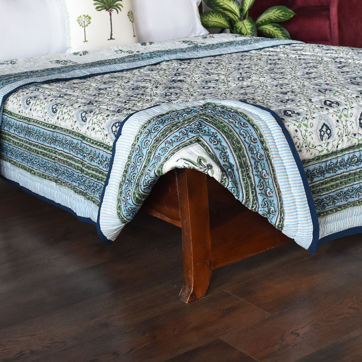 Handmade Block Printed Cotton Queen Quilt Pan Leaf Blue 309622