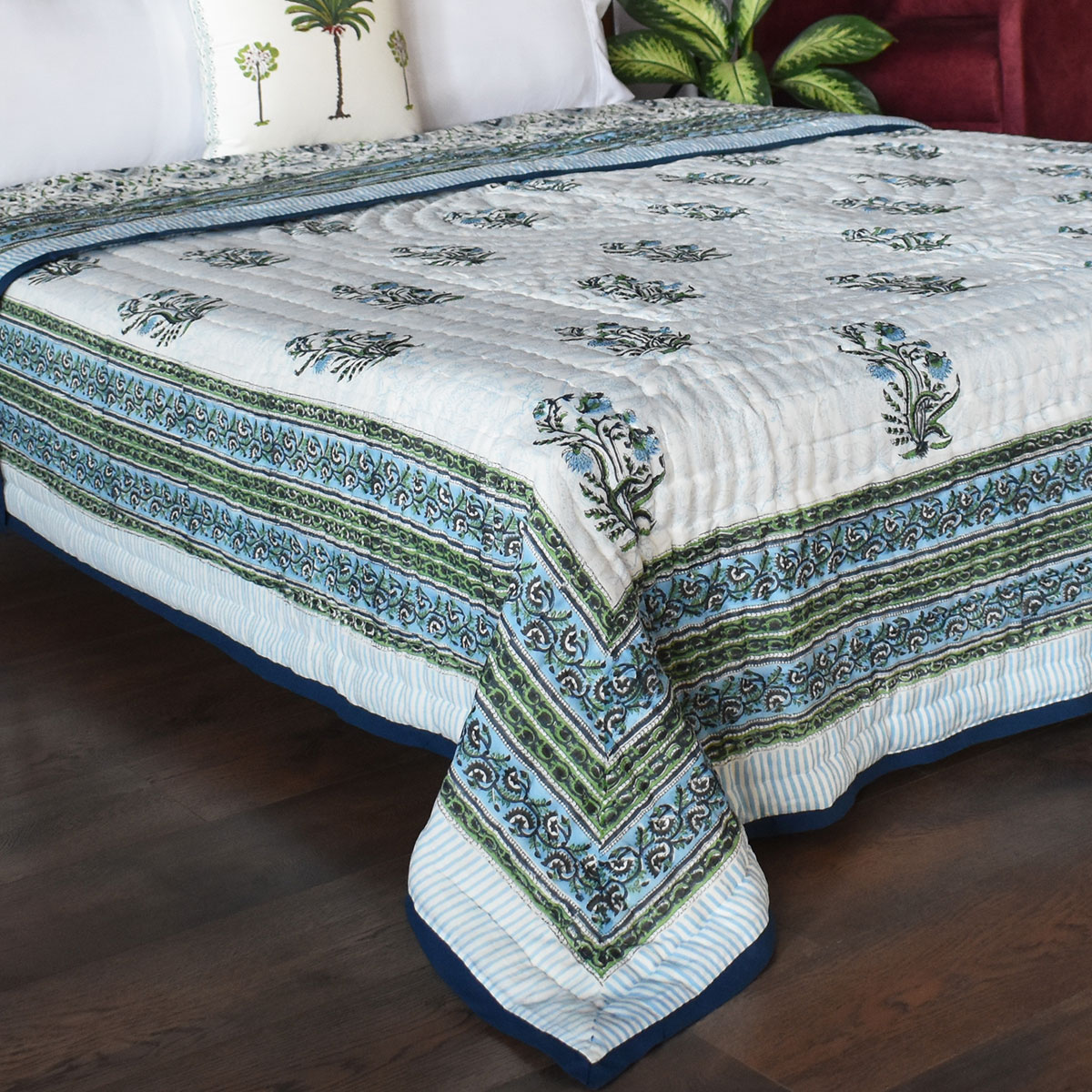 Cotton Quilt King Size Pan Leaf Blue 309622