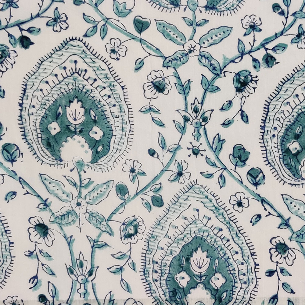 5 Yard Running Fabric Hand Block Printed Cotton Voile Fabric Pan Leaf Blue 309622