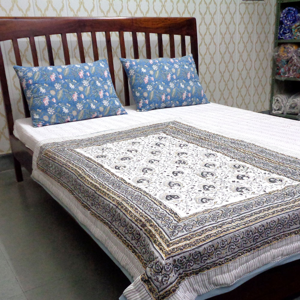 Hand Block Printed Baby Quilt 100x140 cm Jaipur Razai Pan Leaf Dusk 100061